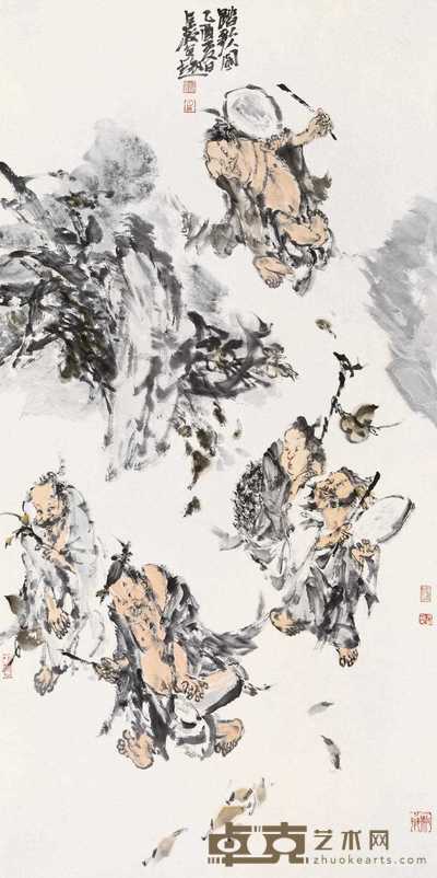 梁占岩 2005年作 踏歌图 镜心 138×69cm